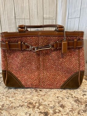 Coach Tweed Satchel with Leather Trim in Rust and Brown